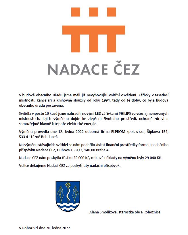 Informace na web Nadace ČEZ